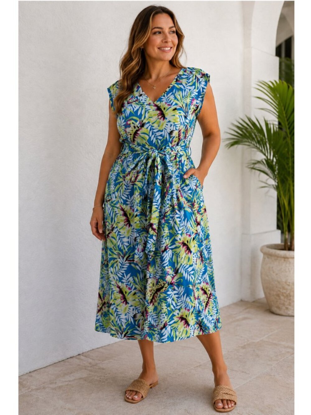 Anne Klein Tropical Linen Midi Dress Blue Floral Coastal Vacation Hawaiian 2X